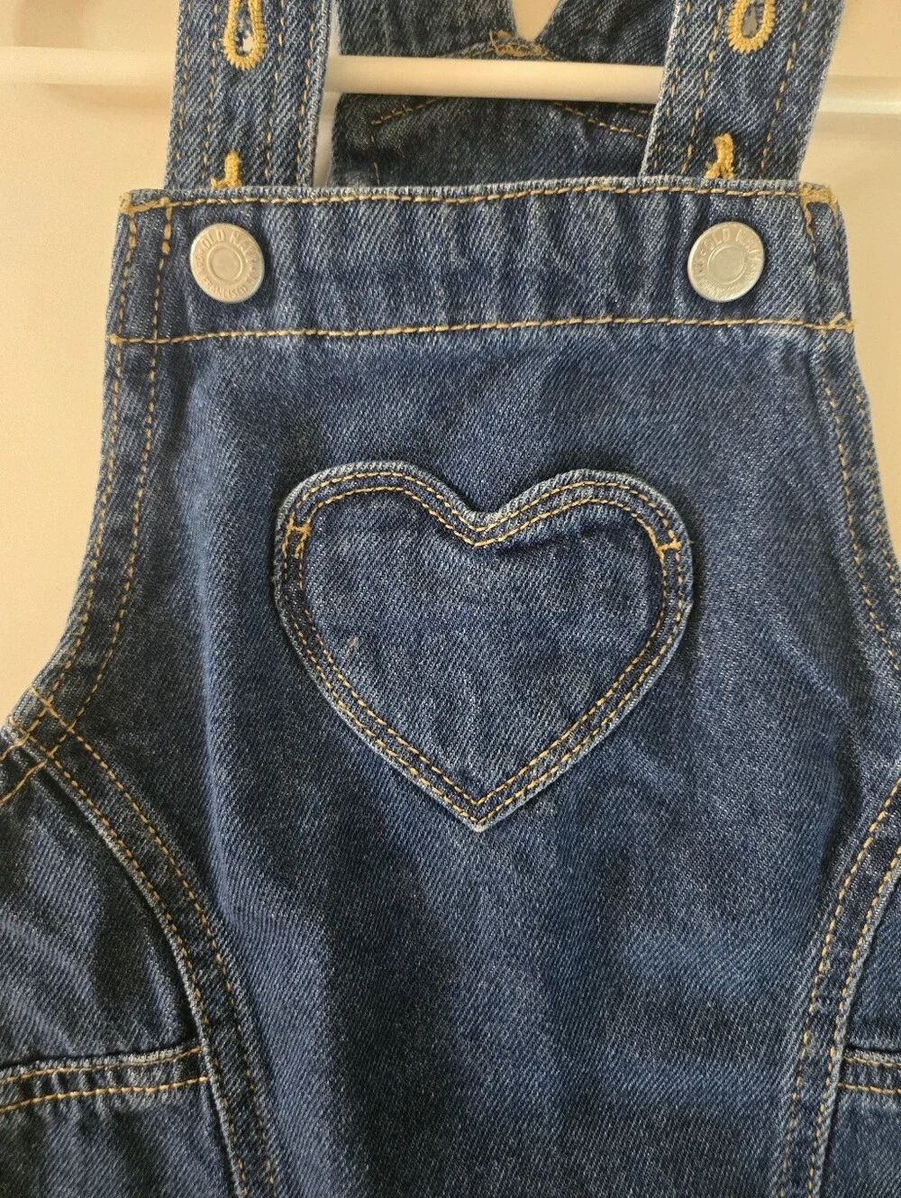 Old Navy Dark Blue Denim Overall Dress with Heart Patch 12-18M